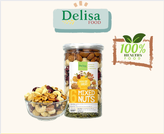 Hạt dinh dưỡng Delisa Food mix 6 loại hạt macca, hạt điều, óc chó, hạt bí, hạt hạnh nhân hộp 500gr